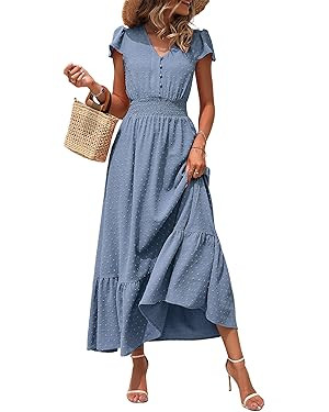 PRETTYGARDEN Womens Dresses 2024 Boho Short Sleeve V Neck Swiss Dot Ruffle Tiered Maxi Dress Smoc... | Amazon (US)