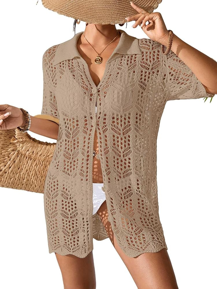 BreathSunny Womens Crochet Knit Polo Collar Swimsuit Coverup Cardigan Summer 2026 Beach Bathing S... | Amazon (US)