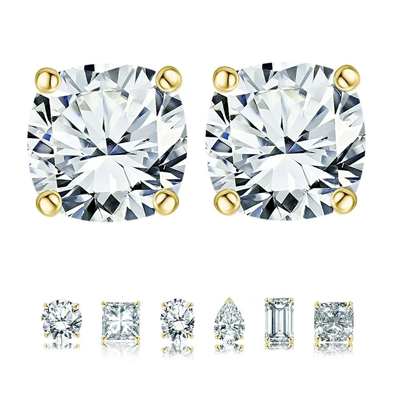 JeenMata 2 Carat Cushion Cut Moissanite 4 Prong Solitaire Stud Earrings in 18k Yellow Gold Platin... | Walmart (US)