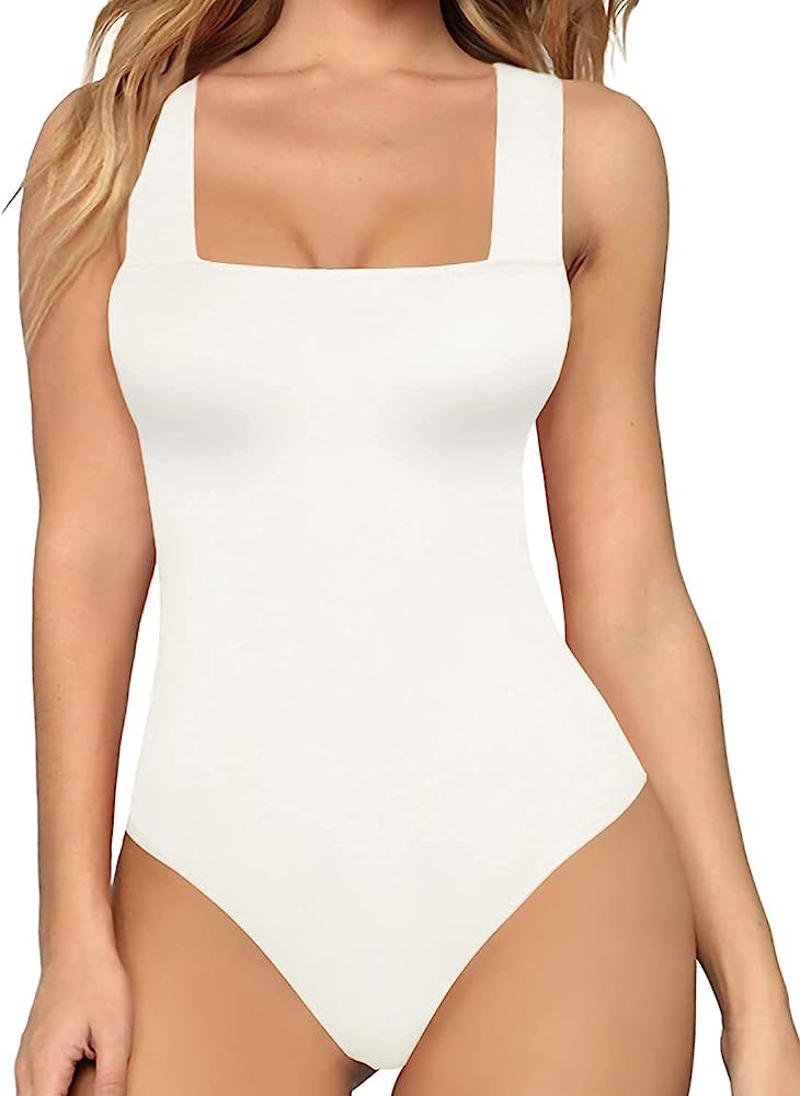 MANGOPOP Women's Square Neck Sleeveless Tank Top Long Sleeve Bodysuits Jumpsuits | Amazon (US)
