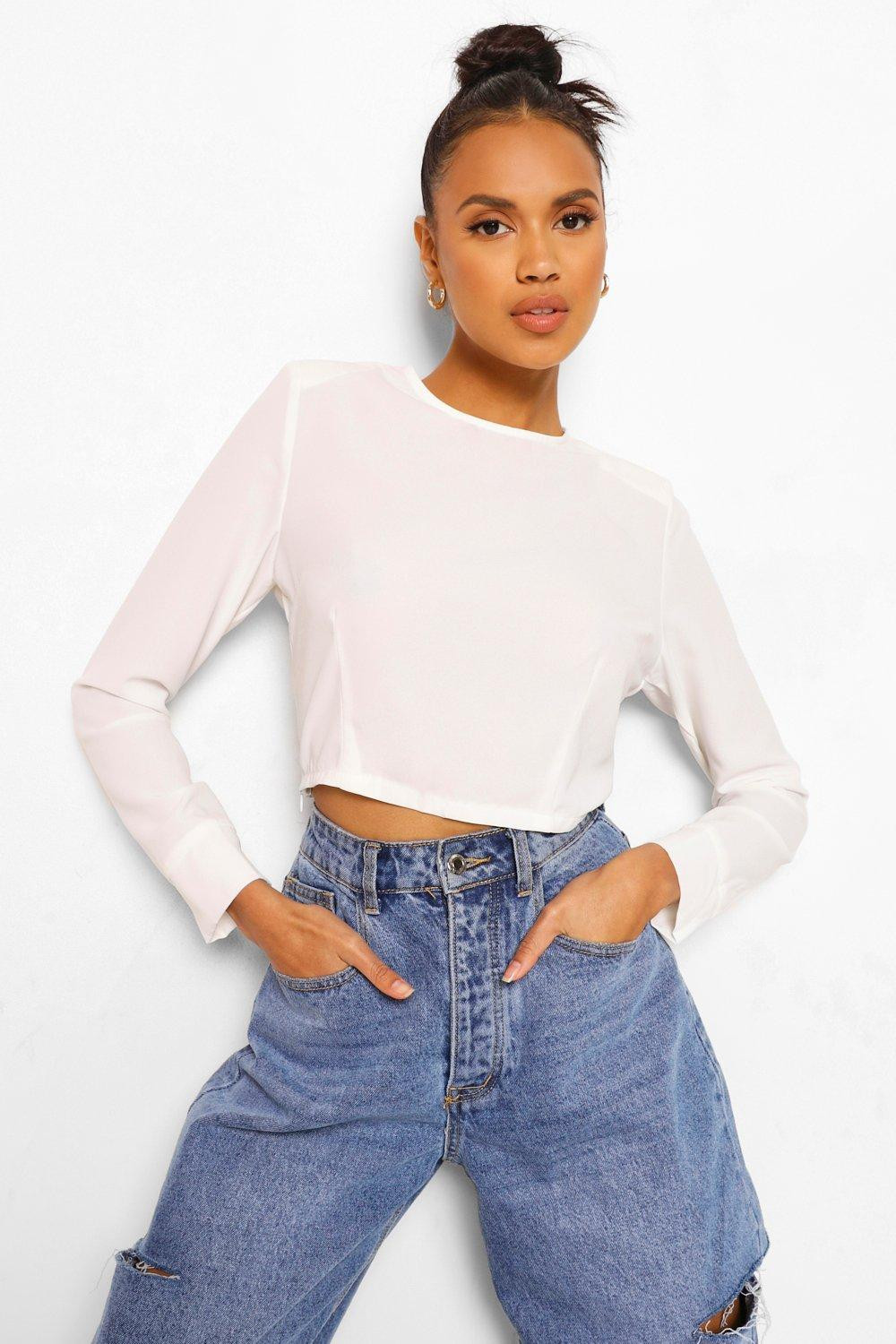 Womens Woven Shoulder Pad Long Sleeve Crop Top - White - 10 | Boohoo.com (US & CA)