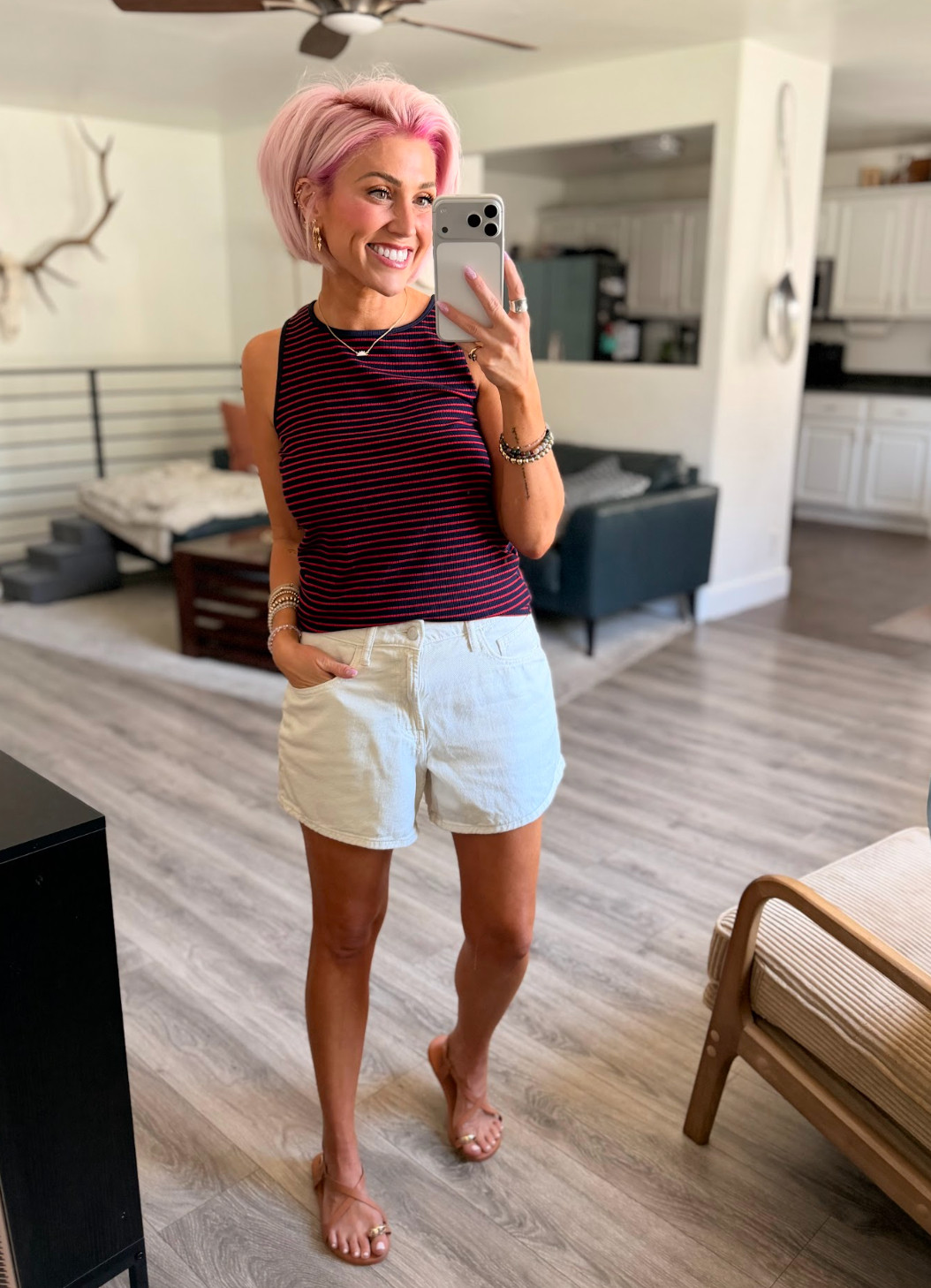 Quick and stylish outfit for the day! Top: Medium // Shorts: Medium // Sandals: TTS 

 #LTKootd #LTKSaleAlert