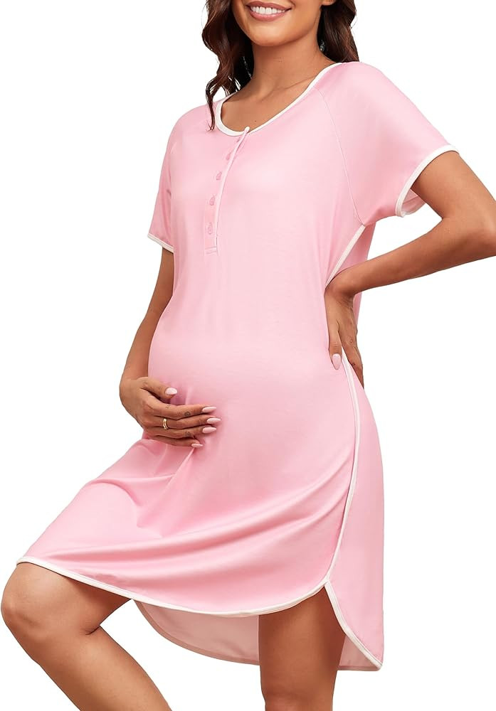 Stripe Maternity Nursing Nightgowns Women Buttons Pregnancy Short Sleeve Nightdress Soft Side Spl... | Amazon (US)