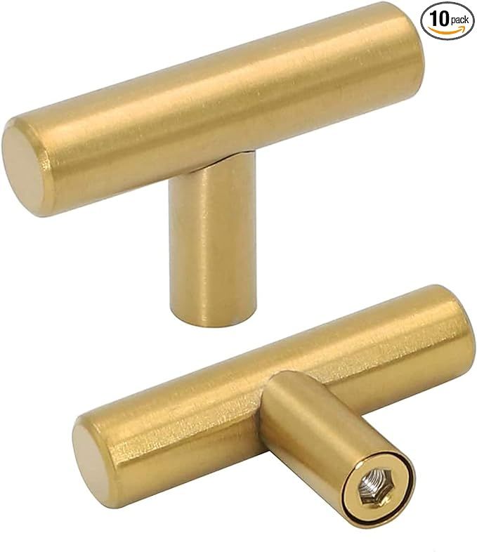 goldenwarm 10pack Brushed Brass Drawer Knobs Modern Kitchen Door Knob Cabinet T Bar Handle Pull K... | Amazon (US)