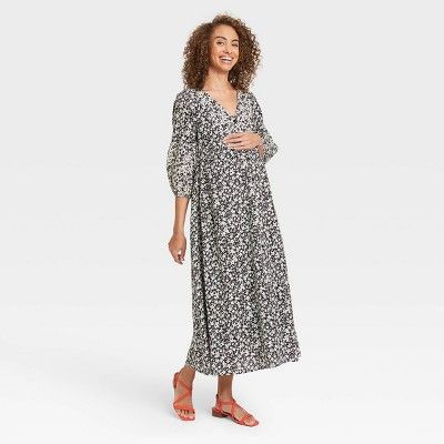 The Nines by HATCH™ Floral Print 3/4 Sleeve Button-Front Poplin Maternity Dress Black | Target