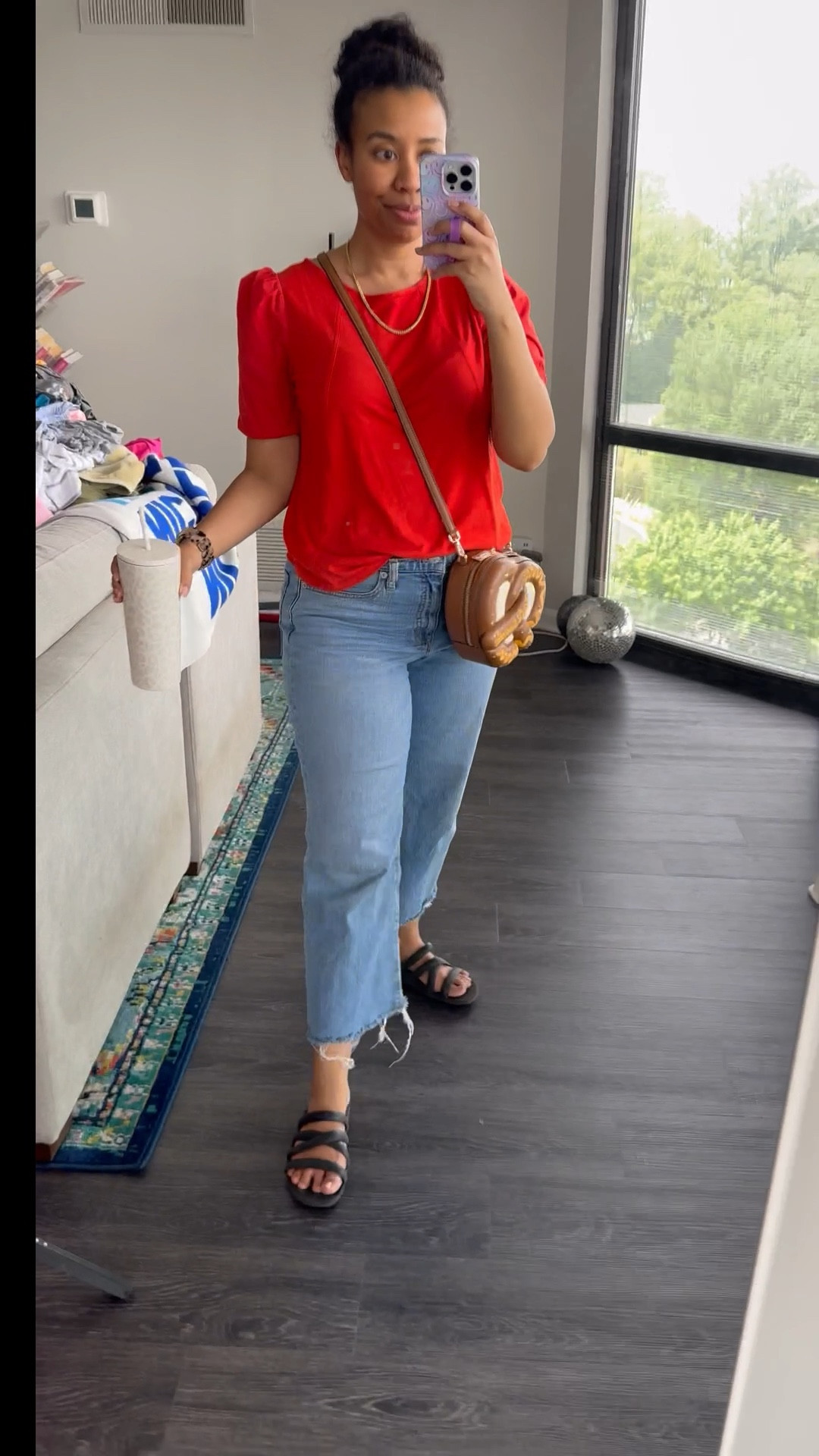 A casual outfit for running errands and hitting up a basketball game. Linked to a similar puff sleeve tshirt (in multiple colors) and this year’s version of these cropped, wide leg jeans. // comfortable sandals for walking, fun purses, red tshirt, not so basic tshirt, red shirt for summer

#LTKFindsUnder50 #LTKSaleAlert #LTKxMadewell