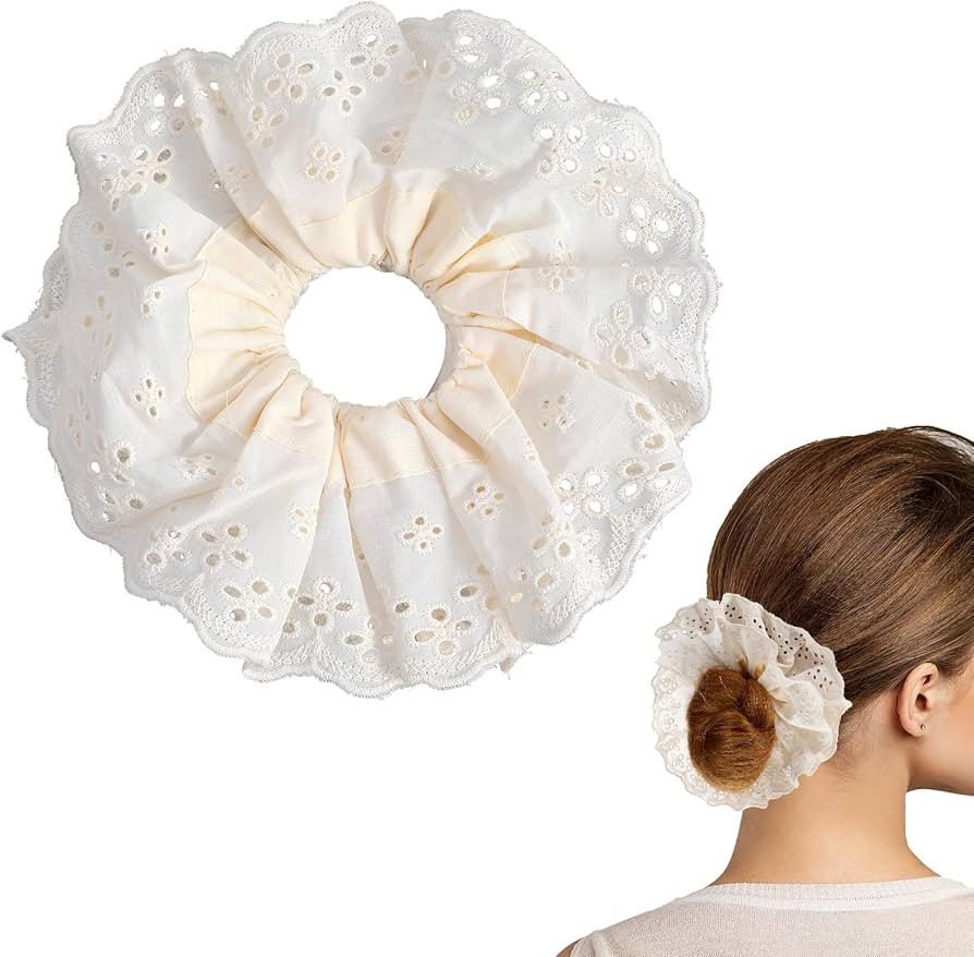 Large Lace Scrunchies Beige Hair Ties for Women Oversize Scrunchy Double Layer Jumbo White Lace H... | Amazon (US)