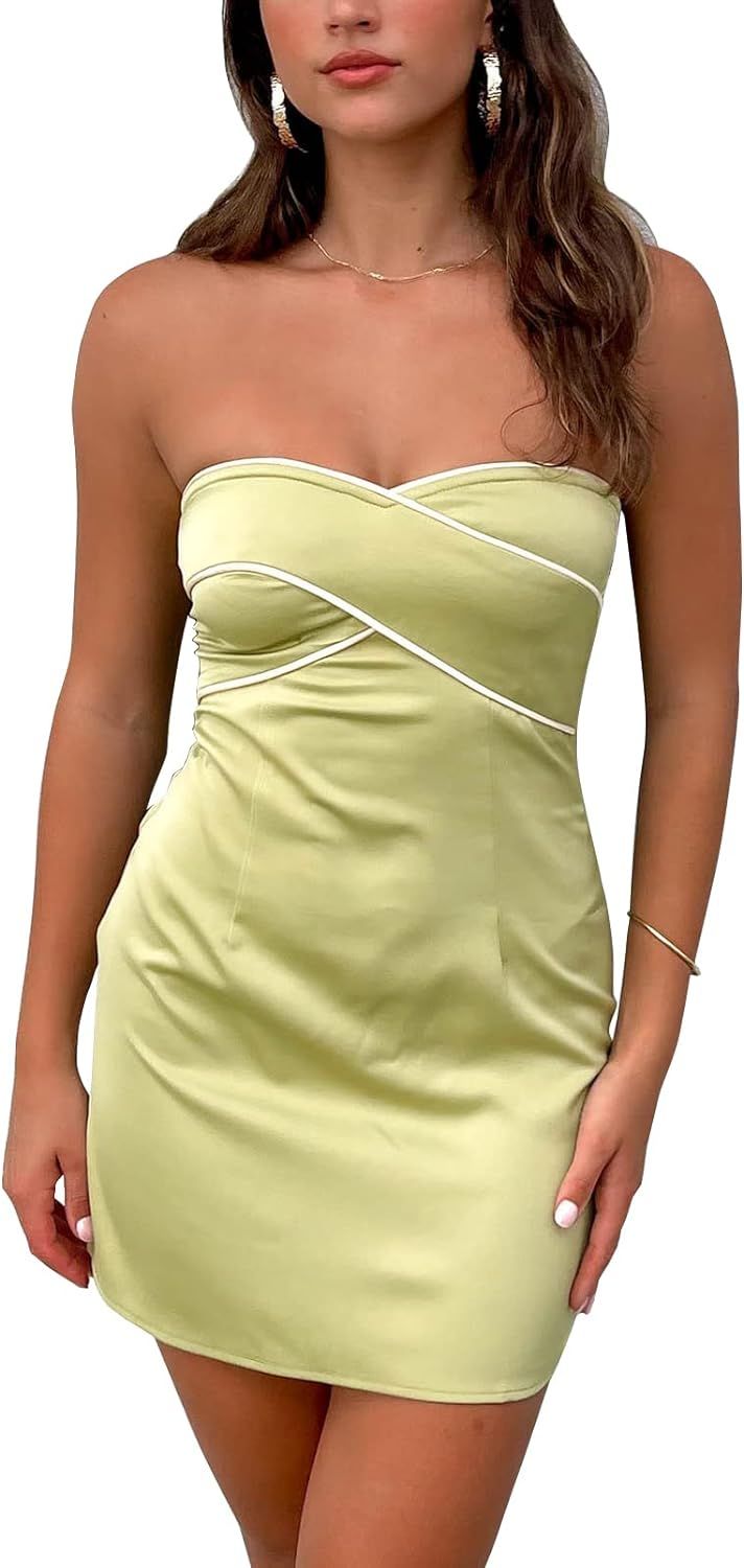 Cantonwalker Black Strapless Mini Dress Satin Tube Bodycon Party Mini Dress 0298 | Amazon (US)