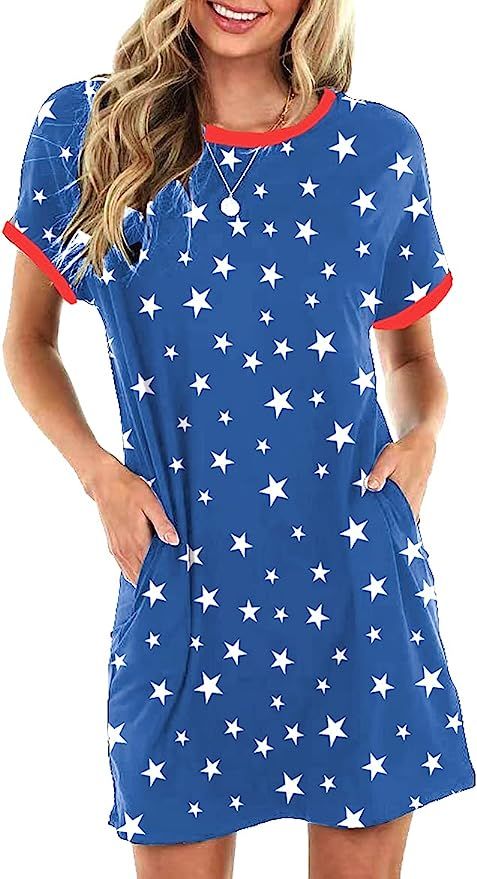 Deerose Womens July 4th American Flag Short Sleeve Dress with Pocket | Amazon (US)
