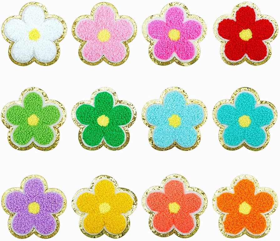 12 PCS Flower Patches Chenille Patches Gold Edges Colorful Flower Iron On Patches Sew On Patches ... | Amazon (US)