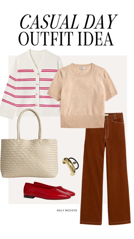 Casual spring outfit with a pop of red: Madewell Emmett trousers, J.Crew cashmere tee, Lake striped cardigan, Madewell woven tote, Mansur Gavriel ballet flats, Lelet gold ponytail holder 

#LTKstyletip 

#LTKSeasonal