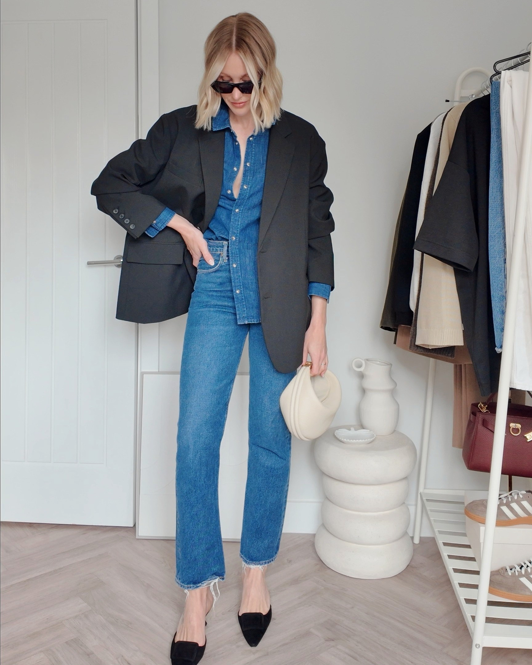 Double denim dinner outfit - black Frankie shop Bea blazer - Prada symbole sunglasses - maysale mules Manolo blahnik. - agolde 90s straight leg jeans (bag is Songmont)

#LTKstyletip #LTKshoecrush #LTKeurope