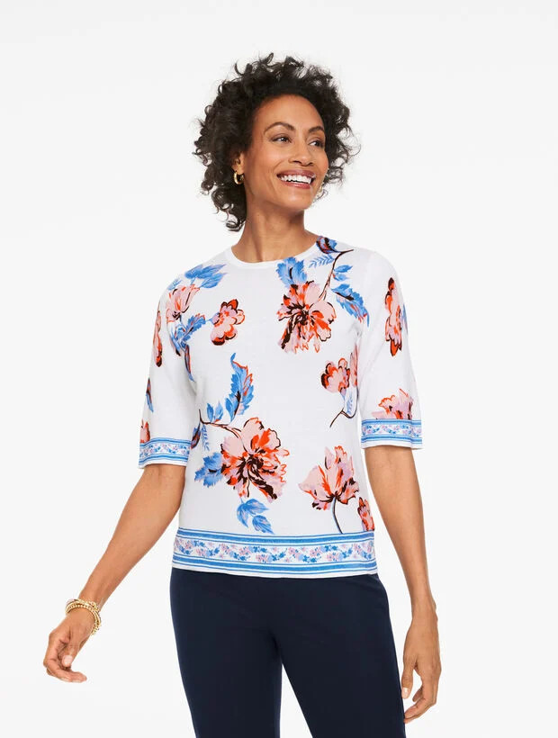 Elbow Sleeve Ribbed Crewneck Sweater - Vivid Blooms | Talbots