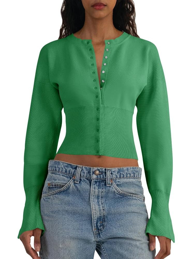 Saodimallsu Womens Cropped Sweaters Button Down Long Sleeve V Neck Ribbed Knit Slim Fit Pullover ... | Amazon (US)