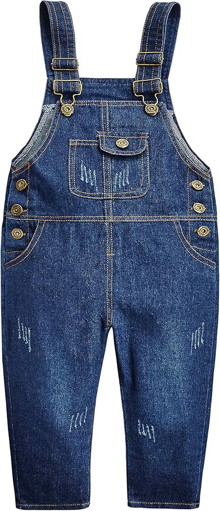 KIDSCOOL SPACE Baby Little Snap Leg/Crotch Mettal Buttons Reipped Denim Overalls | Amazon (US)