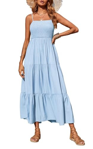 PRETTYGARDEN Women's Summer Maxi Dress 2026 Casual Boho Sleeveless Spaghetti Strap Smocked Tiered Long Beach Vacation Sundresses (Blue,S) | Amazon (US)