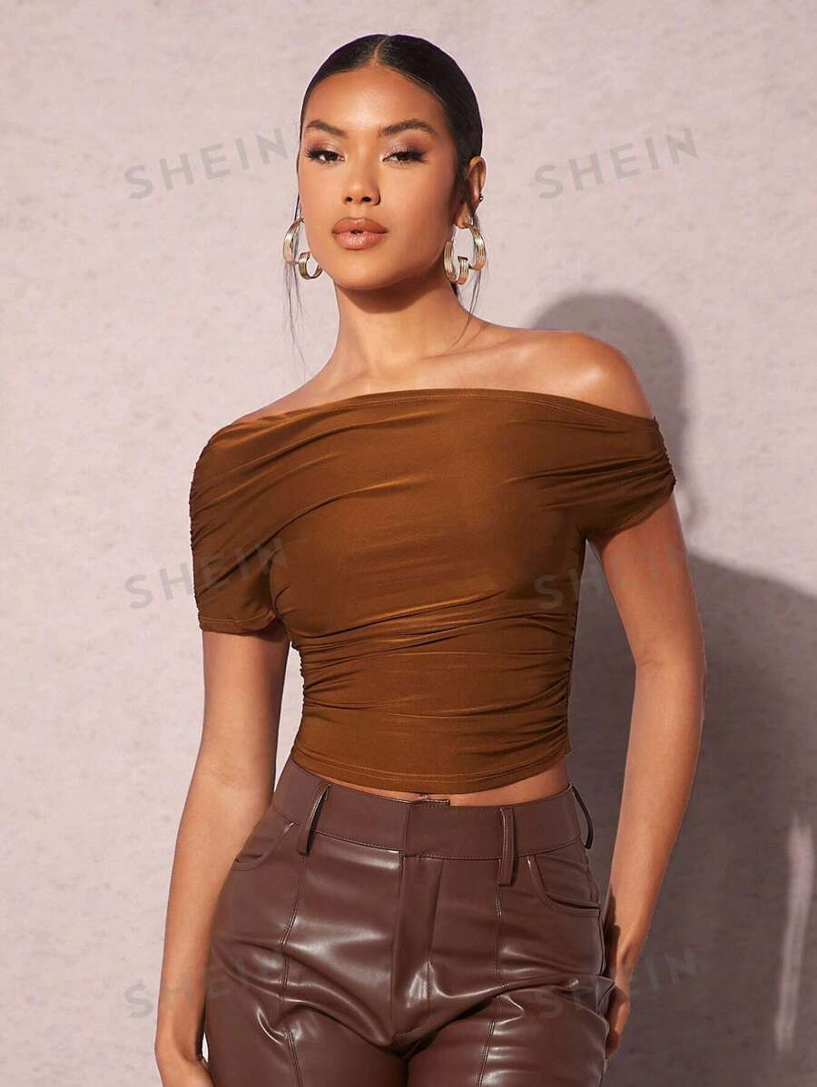 SHEIN BAE Off Shoulder Ruched Side Crop Top | SHEIN