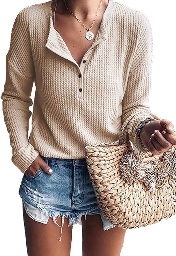 WNEEDU Women's Waffle Knit Tunic Tops Loose Long Sleeve Button Up V Neck Henley Shirts | Amazon (US)