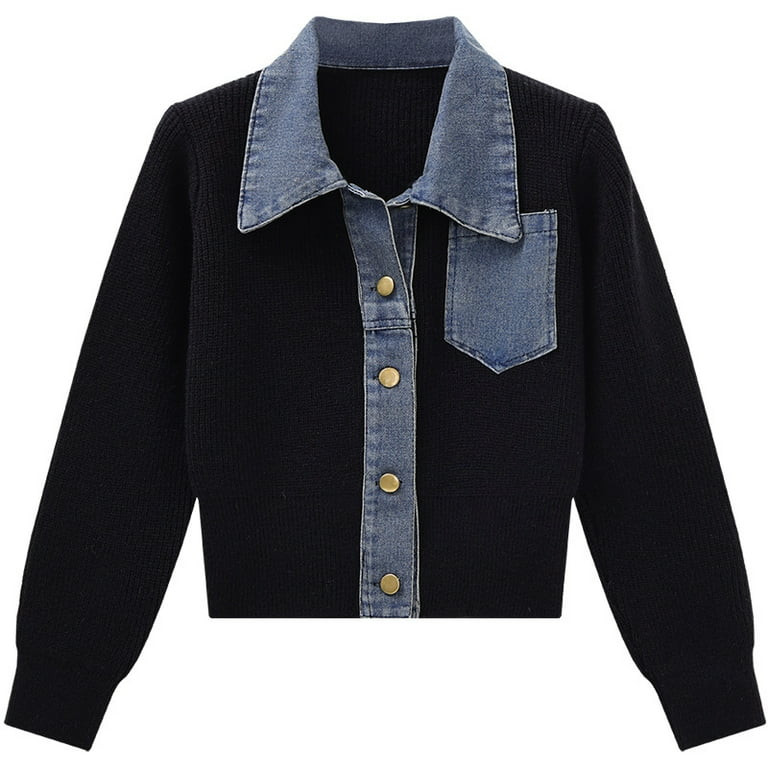 Women'S Denim Patchwork Sweater Cardigan With Ribbed Knit Notched Collar Loose Fit Tummy Control ... | Walmart (US)