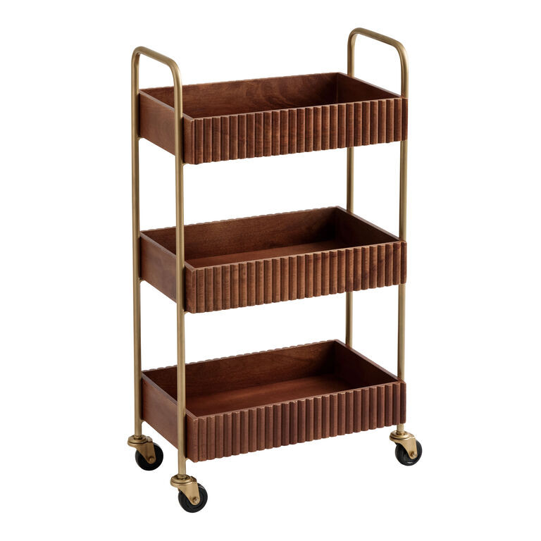 Imara Walnut Mango Wood Fluted 3 Tier Rolling Storage Tower | World Market