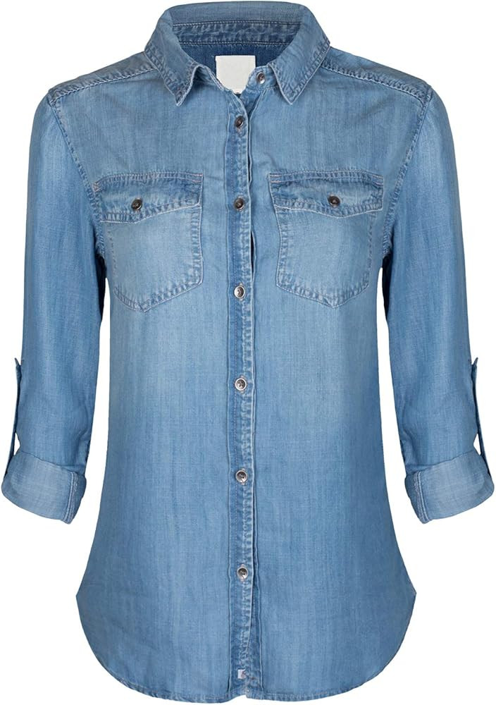 Design by Olivia Women's Classic Vintage Long/Roll Up Sleeve Button Down Denim Chambray Shirt | Amazon (US)