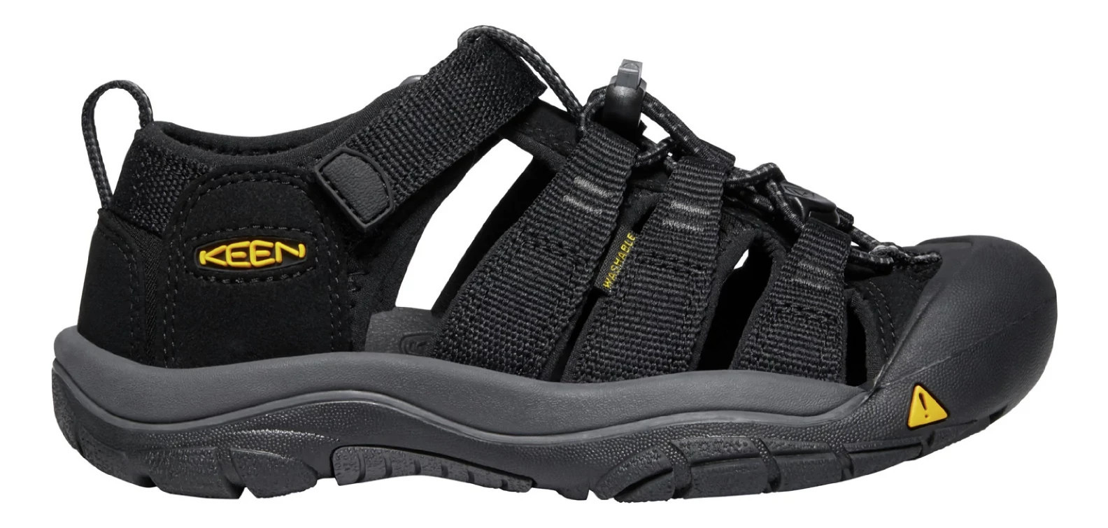 Kids KEEN® Newport H2 :: This great summer sandal can take anything a kid can dish out. The elastic cord lace and adjustable hook and loop strap lets kids put them on and take them off by themselves. Quick-drying webbing is perfect when kids are in and out of the water and everywhere else. - Black / Keen Yellow, Size: 4Y, Medium | Footwear - Road Runner Sports | Road Runner Sports
