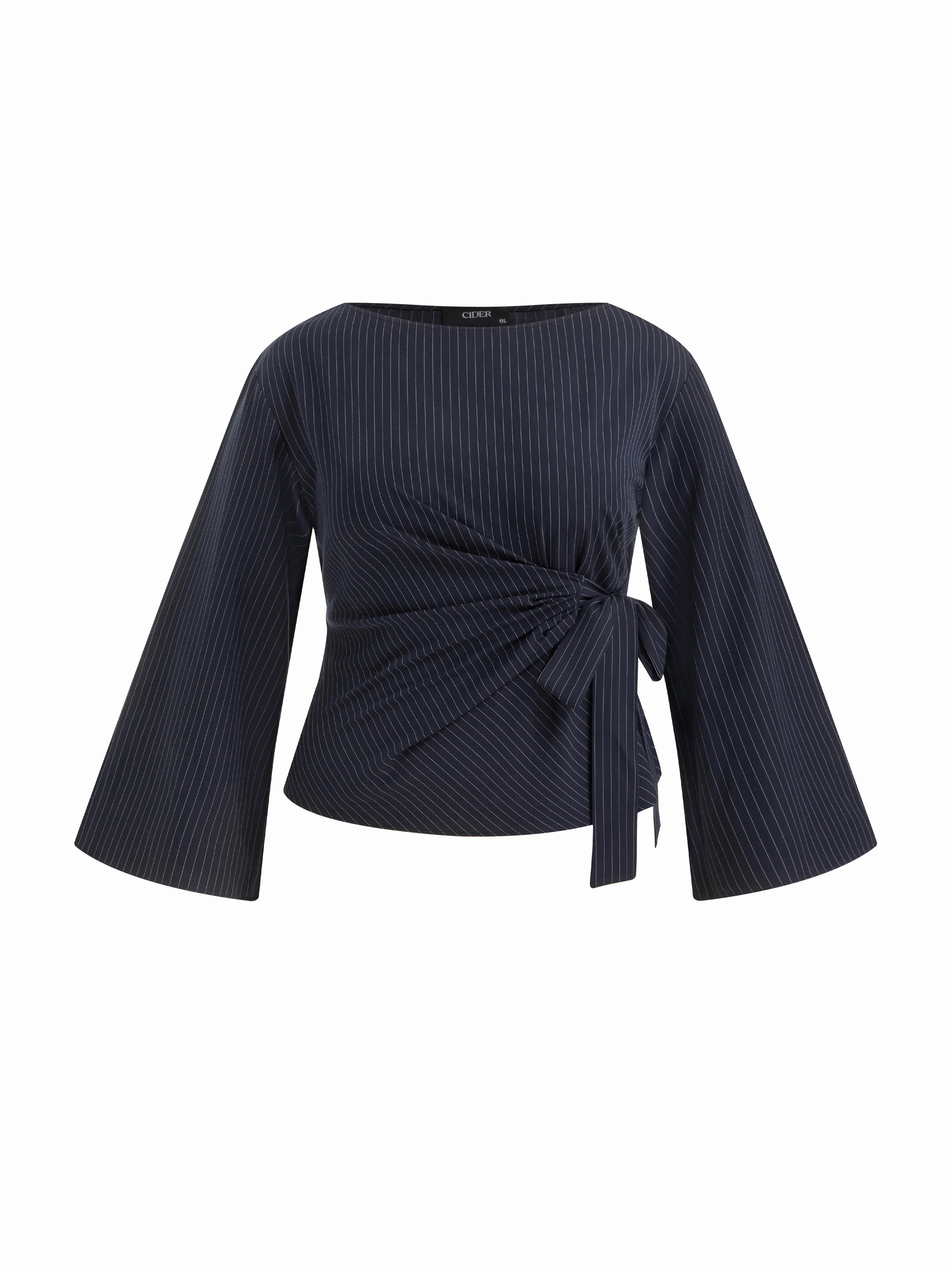 Boat Neck Stripe Knotted Bell Sleeve Blouse Curve & Plus | Cider