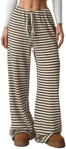 Wowcarbazole Women's Wide Leg Pants Striped Elastic High Waisted Casual Knit Palazzo Pants Drawst... | Amazon (US)