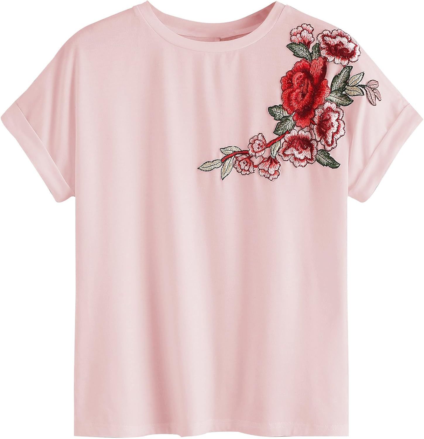 Romwe Women's Floral Embroidery Cuffed Short Sleeve Casual Tees T-Shirt Tops | Amazon (US)