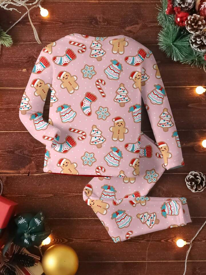 SHEIN Baby Girl Christmas Gingerbread & Snowflake Graphic Pink Cozy Casual Soft Fleece Lined Long... | SHEIN