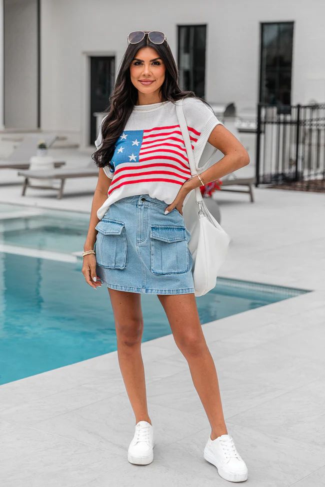 Oh My Stars And Stripes Cream Short Sleeve Flag Sweater With Distressed Hem | Pink Lily
