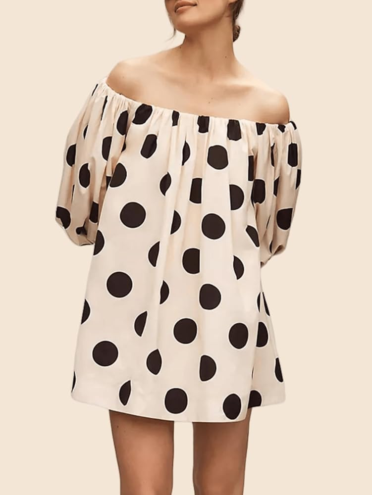Women's Polka Dots Off The Shoulder Dress Half Sleeve Mini Bubble Dress Brunch Outfits | Amazon (US)