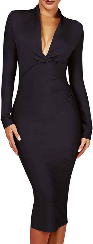 UONBOX Women's Deep Plunge V Neck Long Sleeves Draped Knee Length Bodycon Bandage Dress | Amazon (US)