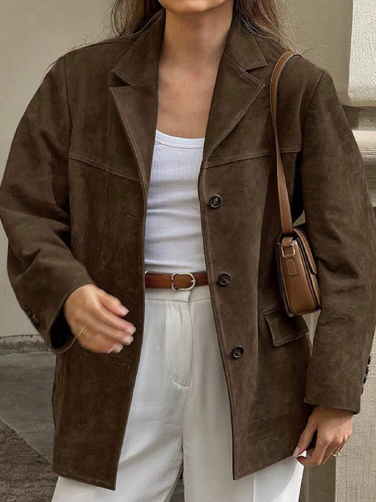 INAWLY Blazer De Pana De Manga Larga Holgado Y Minimalista De Estilo Vintage, Chaqueta Regular Para Otoño/Invierno Para Mujer | SHEIN