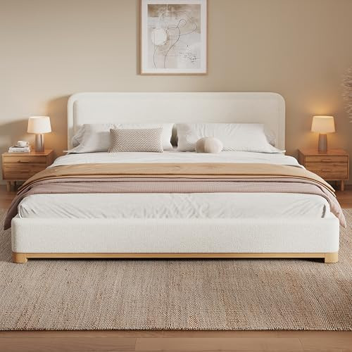Christopher Knight Home Robey King Size Platform Bed Frame, Boucle Fabric King Size Bed Frame and Headboard, Modern King Bed Set, Wooden Slat Support, No Box Spring Needed, Easy Assembly, White | Amazon (US)