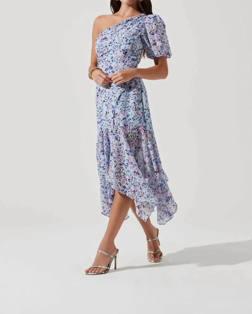 Santorini One Shoulder Dress In Blue Multi Floral | Shop Simon