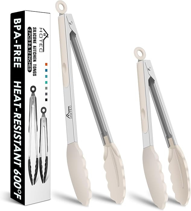 HOTEC Premium Stainless Steel Locking Kitchen Tongs with Silicon Tips, Set of 2-9" and 12",Khaki | Amazon (US)