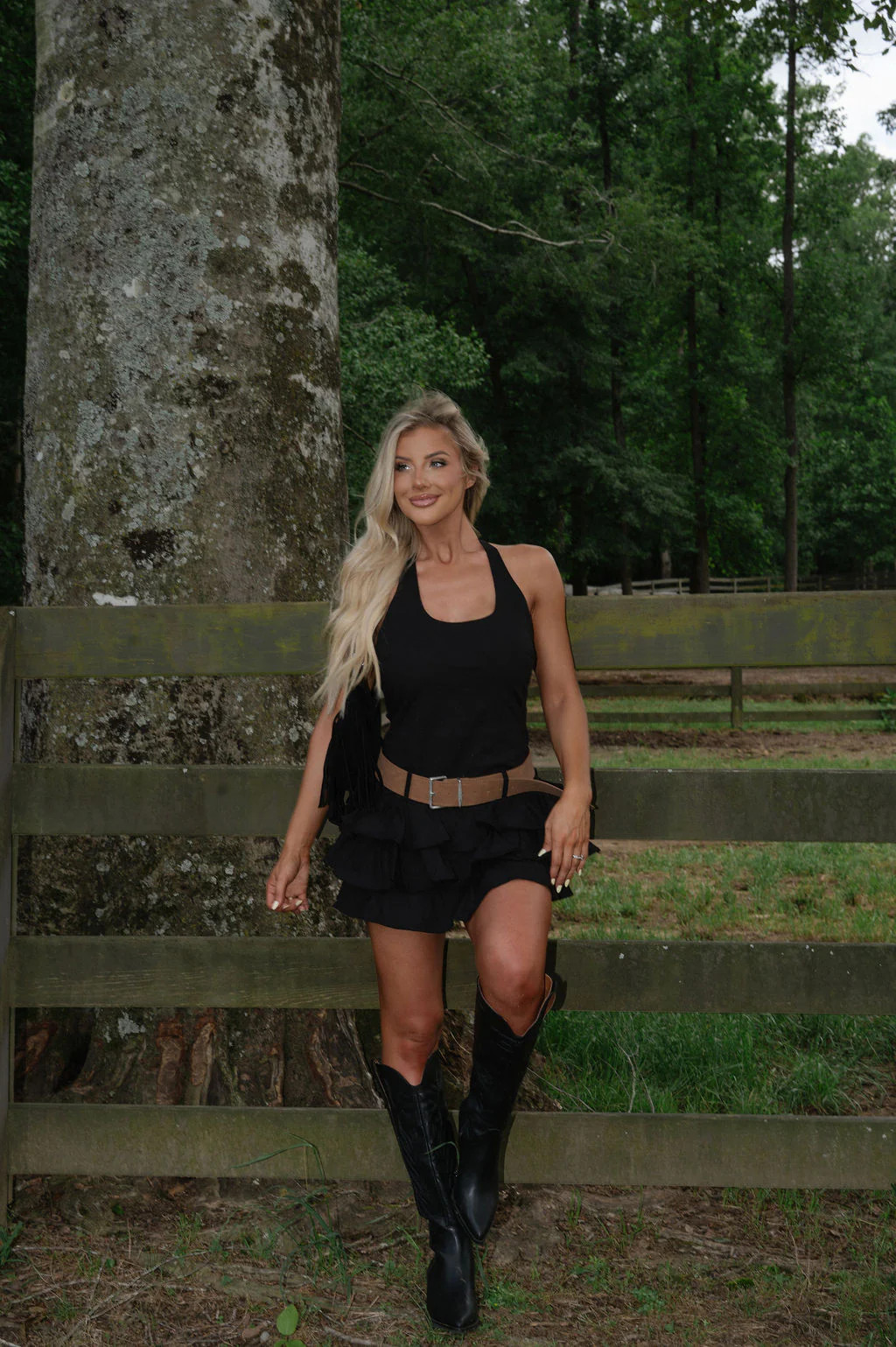 Halter Neck Belted Tiered Dress-Black | These Three