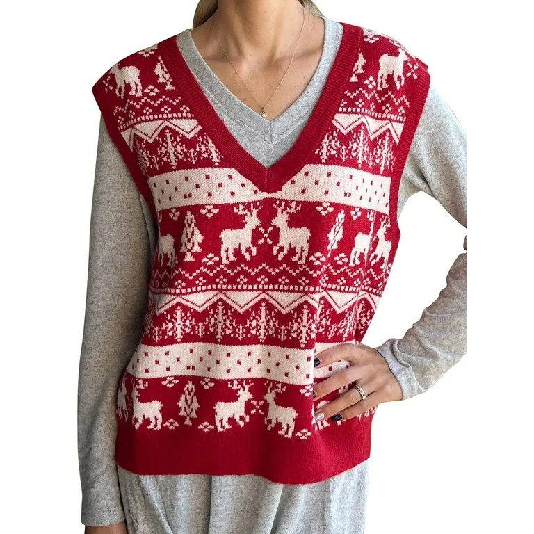 Christmas Vests For Women, Reindeer Knitted Sweaters Sleeveless Sweater Vest - Walmart... | Walmart (US)