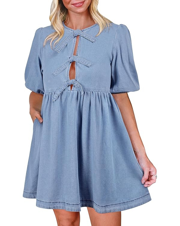 Qazel Vorrlon Denim Dress for Women Puff Short Sleeve Babydoll Jean Romper Pockets Summer Casual ... | Amazon (US)