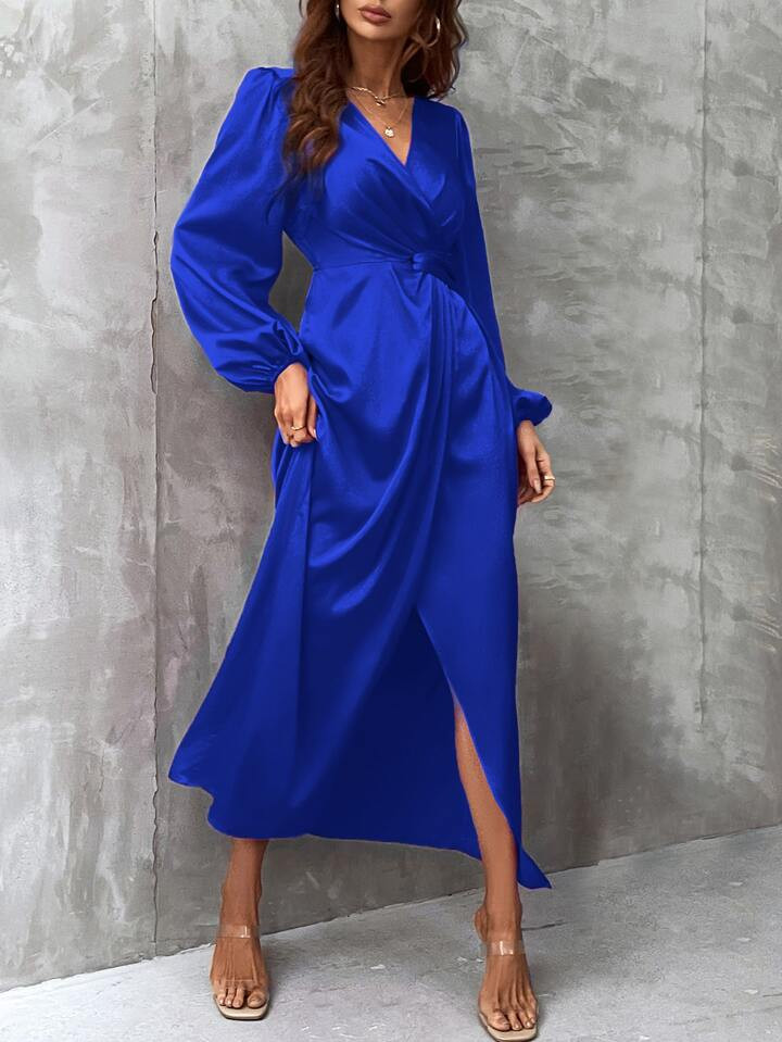 Lantern Sleeve Wrap Hem Satin Dress | SHEIN