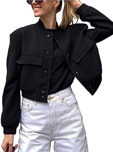 Womens Cropped Bomber Jacket Button Down Varsity Jackets Shackets with Pockets | Amazon (US)