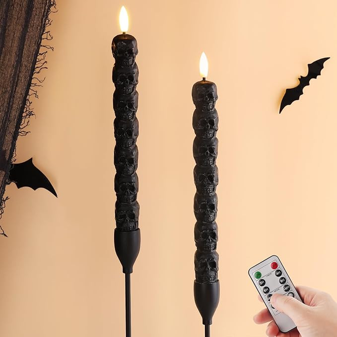 Eywamage Black Skull Flameless Taper Candles with Remote, Flickering Real Wax Battery LED Candles... | Amazon (US)