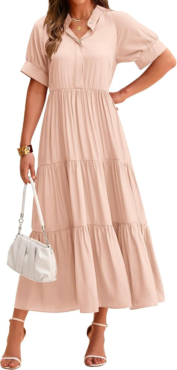 dowerme Women's Summer Dresses 2026 Casual Short Sleeve Button Loose Fit Pleated Boho Flowy Swing... | Amazon (US)