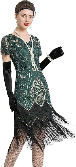 Women's 1920s Gatsby Inspired Sequin Beads Fringe Flapper Cocktail Roarings 20s Dress | Amazon (US)