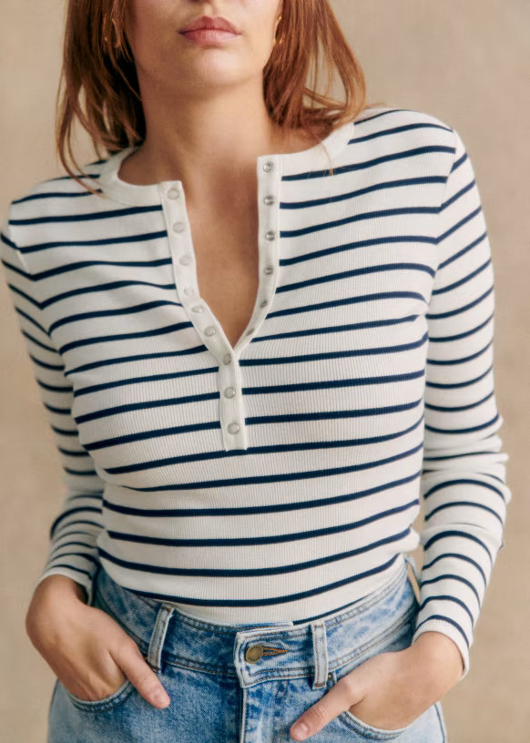 Reese T-Shirt - Ecru / Navy - Organic cotton - organic textile - Sézane | Sezane - UK