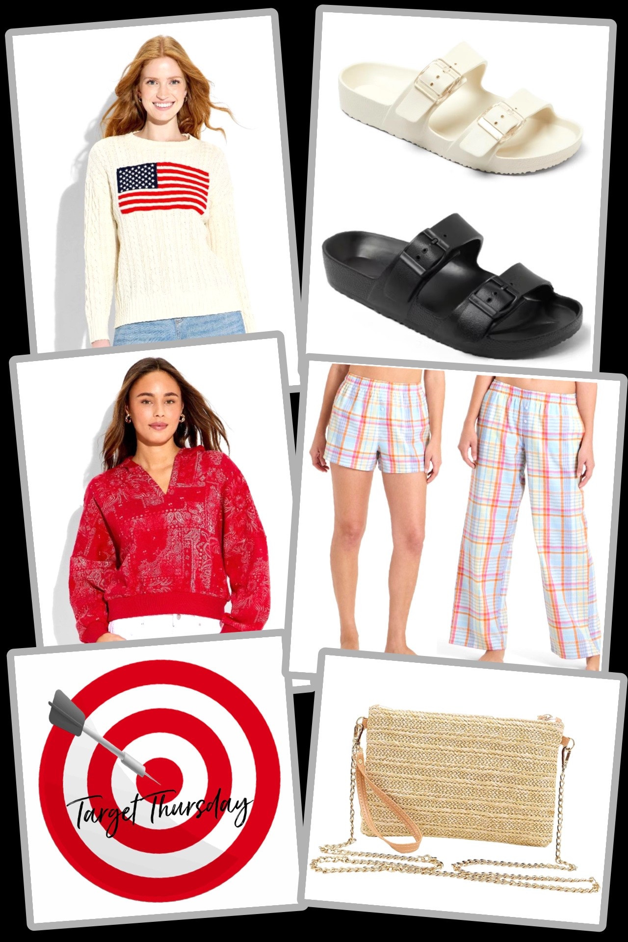 Time for Target Thursday, a round up of fantastic New Arrivals worth checking out! 🎯

🎯 Wild Fable Women’s Crewneck American Flag Pullover Sweater - finally back in stock in this staple color, this sweater has been SO popular! I have last year’s version of this, and get complimented on it non-stop, so I’m not surprised that this is immensely trending right now. Great price point for the high end look - this is one that will be on repeat year after year! 🇺🇸 

🎯Wild Fable Red Paisley Women’s Split Neck French Terry Pullover - this new sweatshirt just screams Summer! I knew this cutie was one I needed, and I can’t say enough about how soft and cozy it is! Perfect to snuggle up in anytime, and just screams Summer ❤️☀️

🎯 Shade & Shore Women’s Neida Sandals - Target keeps bringing these back year after year since they’re so popular! Incredibly affordable look alike for a higher end brand, with tons of colors available. Only $12!! 🎉 

🎯 Wild Fable Pajama Shorts & Pants - how cute is this pastel plaid pattern?! These have been flying in both the shorts and pants version since the pattern itself is so pretty, plus the fabric is super comfy cozy. Perfect for sleeping in or lounging in!

🎯 Narwey Straw Crossbody Clutch & Wristlet - the versatility of this bag gets an A+!! Not only is the straw fabric consistently timeless for Summer, but this bag can be worn as a crossbody with the included chain, a wristlet with the attached strap handle, or carried as a clutch! 🙌🏻 Love the look of this, plus it even has built in card pockets. AND, it’s on sale for only around $20 right now!!

#target #targetthursday #targetfinds #targetstyle

#LTKSaleAlert #LTKSeasonal #LTKootd
