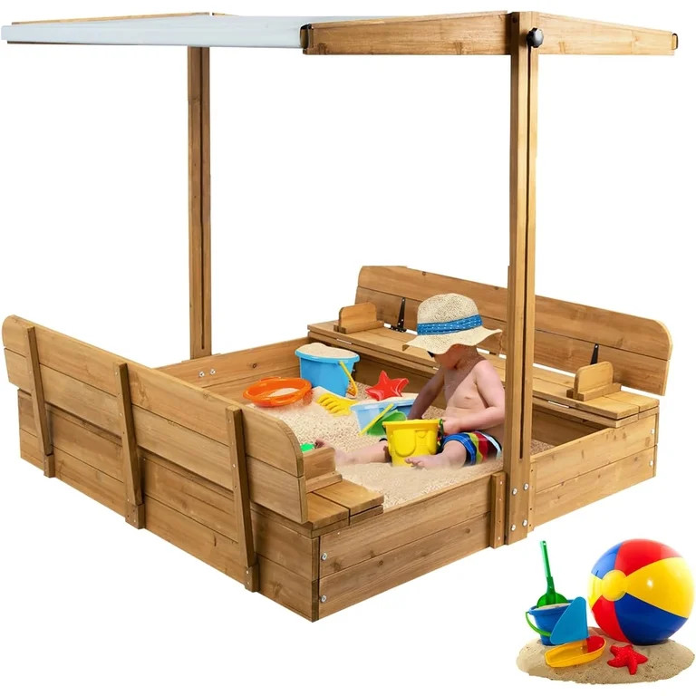 PETSCOSSET Wooden Sandbox with Lid, Outdoor Sand Box, 2 Foldable Seats for Kids | Walmart (US)