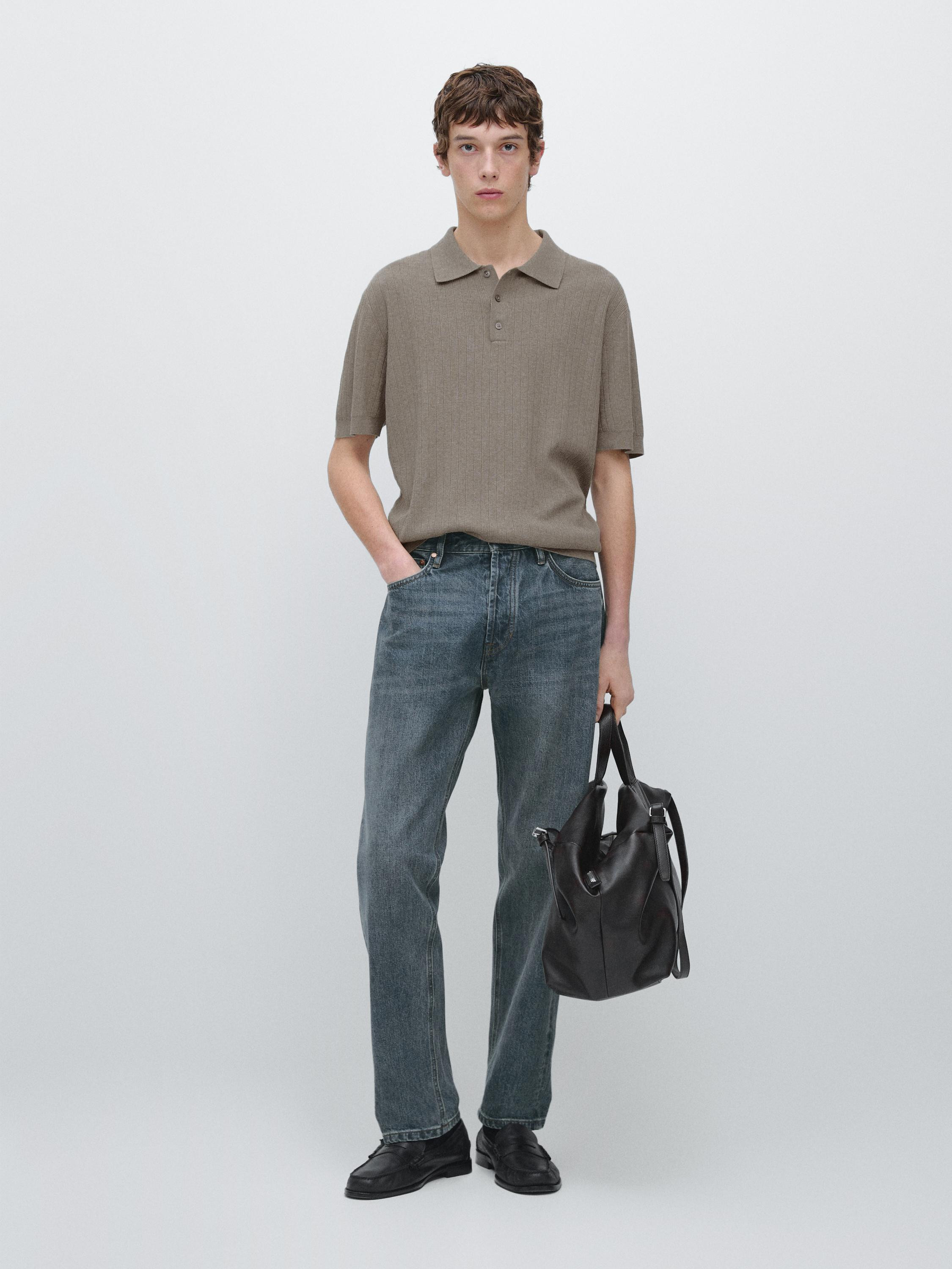 Ribbed knit cotton polo shirt | Massimo Dutti UK
