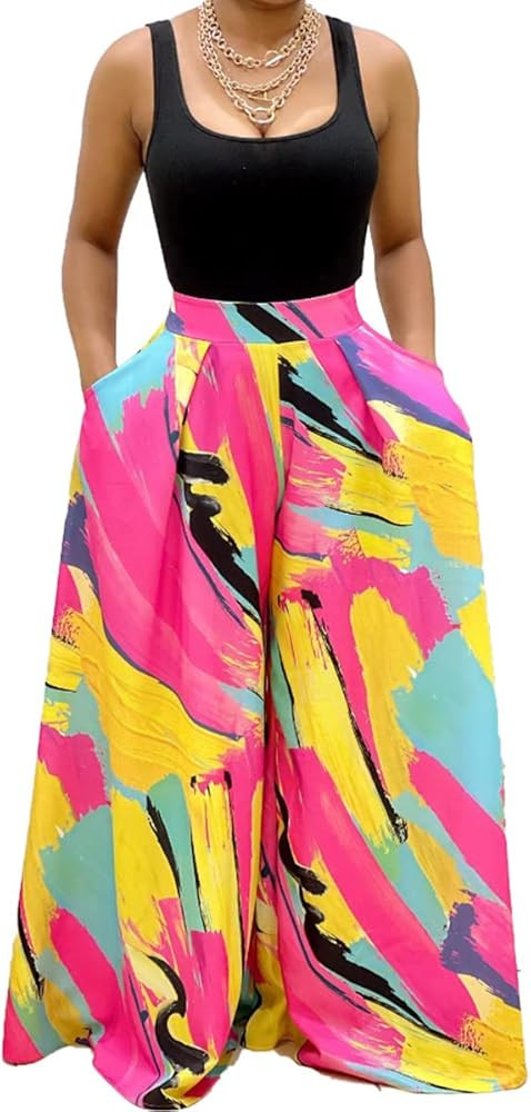 BFFBABY Womens Casual Palazzo Pants High Waist Printed Ruched Loose Flowy Lounge Wide Leg Pants (... | Amazon (US)